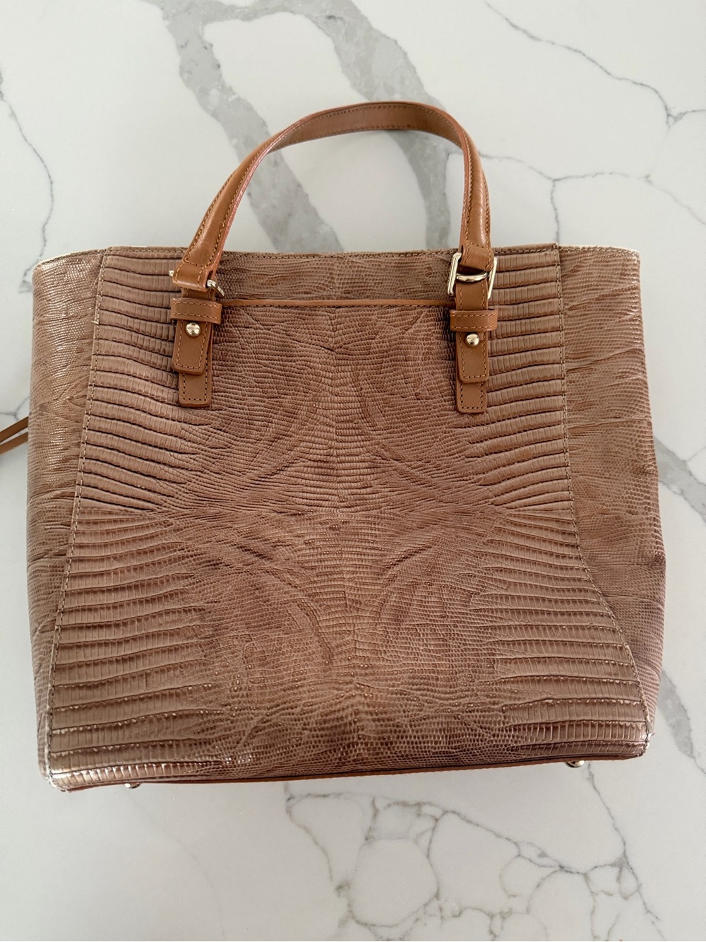 Brahmin Cognac Lizard-Embossed Leather Tote with Gold Charm - Picture 2 of 4